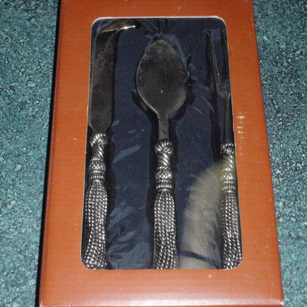 SILEA Silver Plated 3 Piece CHEESE SERVING UTENSILS BRAIDED CORD VINTAGE W/ BOX!